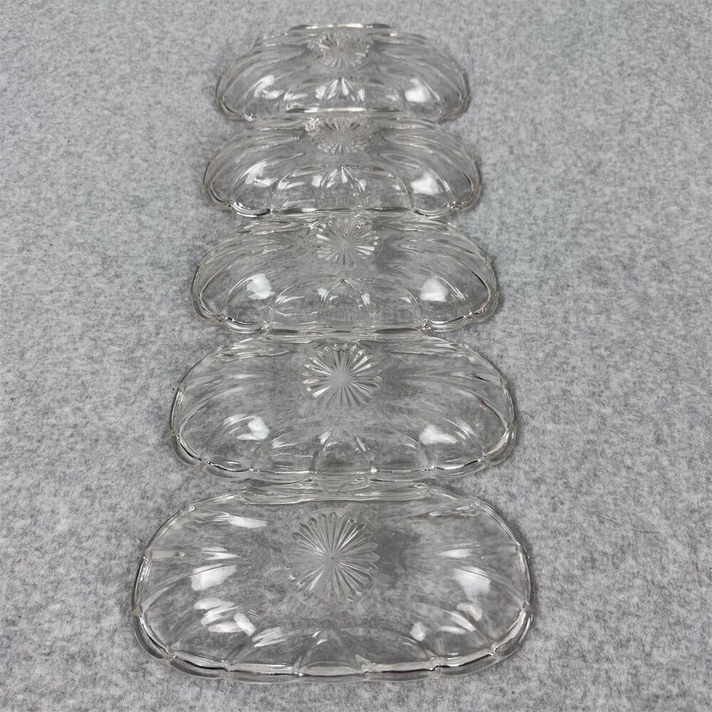 Vintage Starburst Clear Glass Oblong Banana Split Serving Dish Set Of 5 - Picture 2 of 10